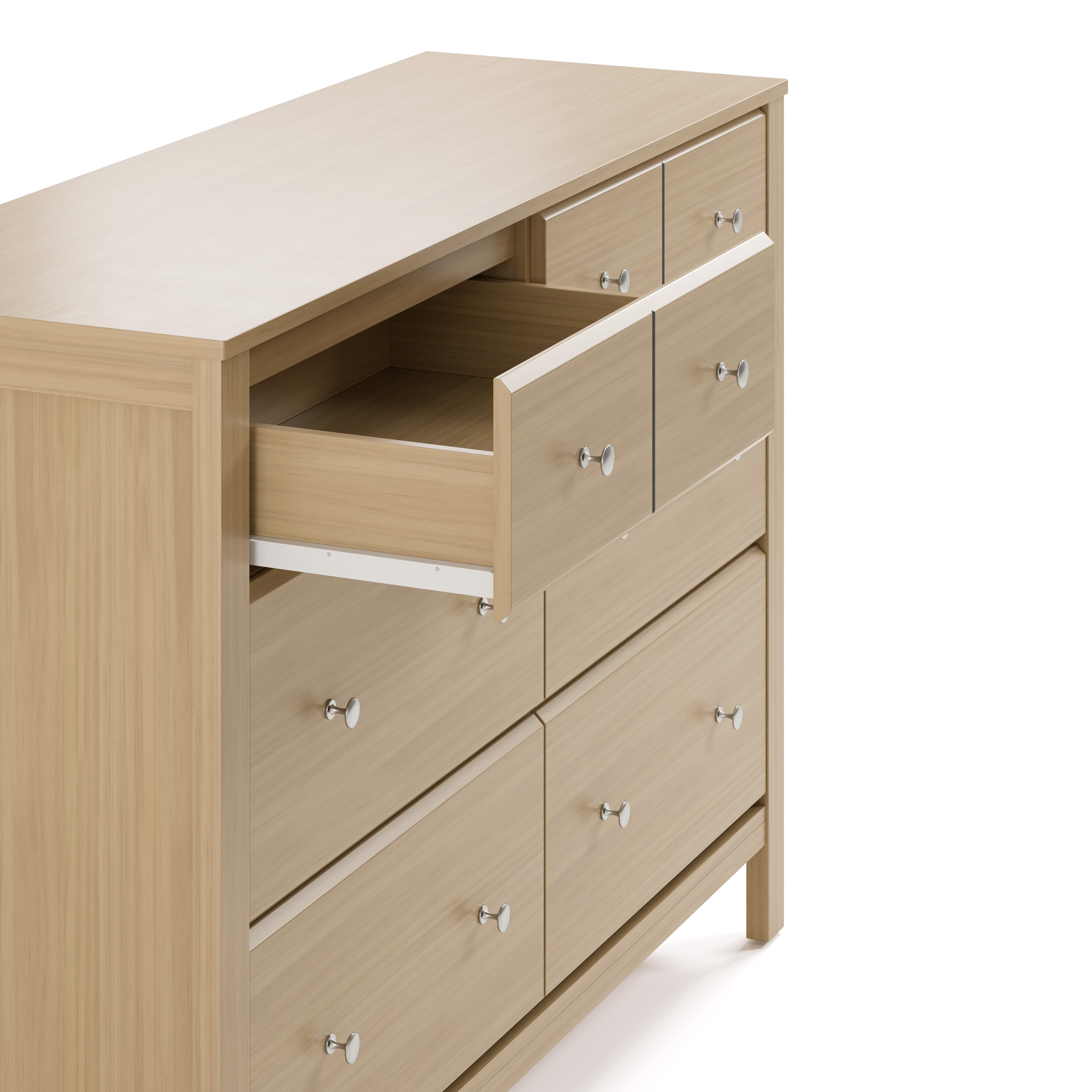 Horizon driftwood 6 drawer dresser with top left drawer open side view