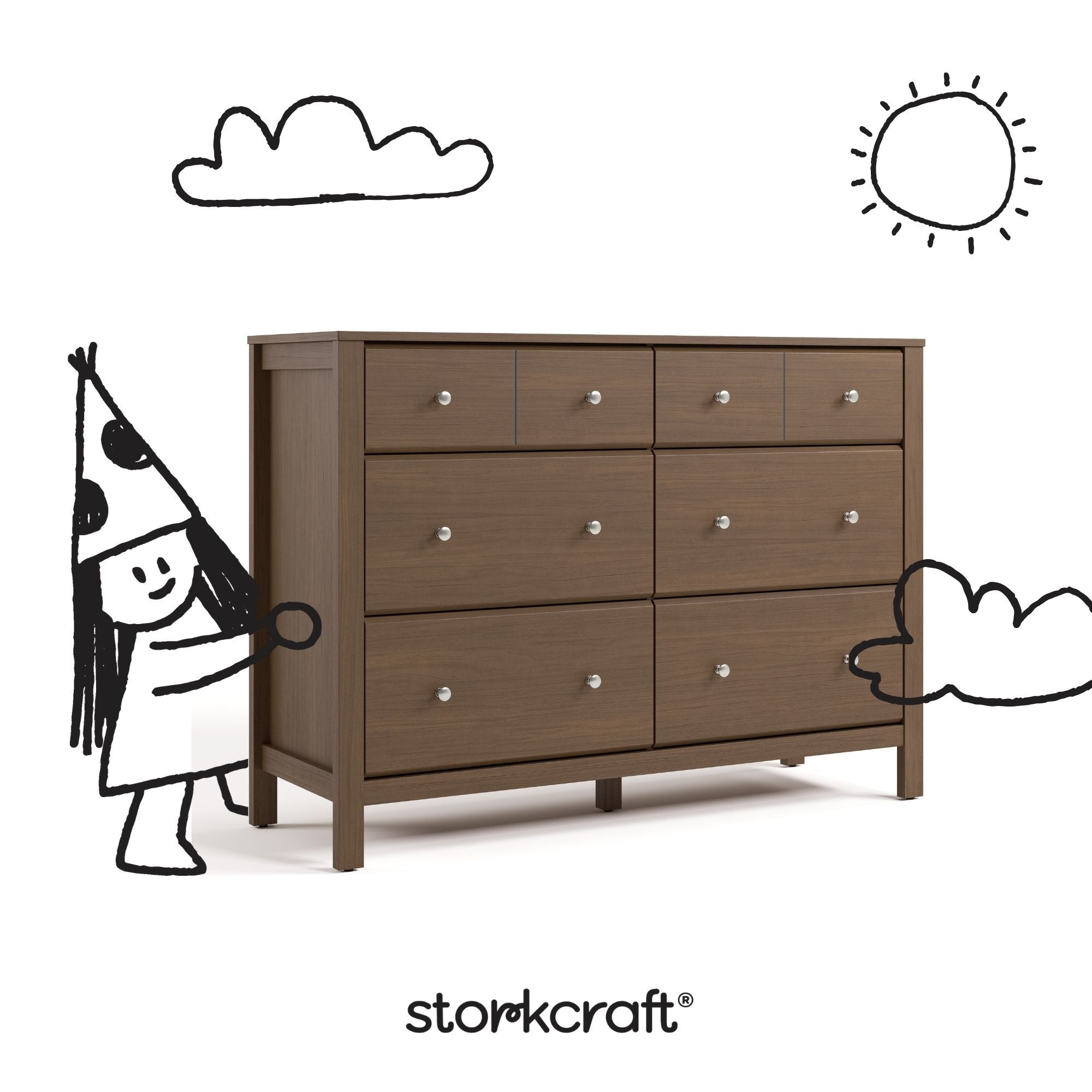 Horizon hazelnut 6 drawer dresser with black doodles overlaid on image