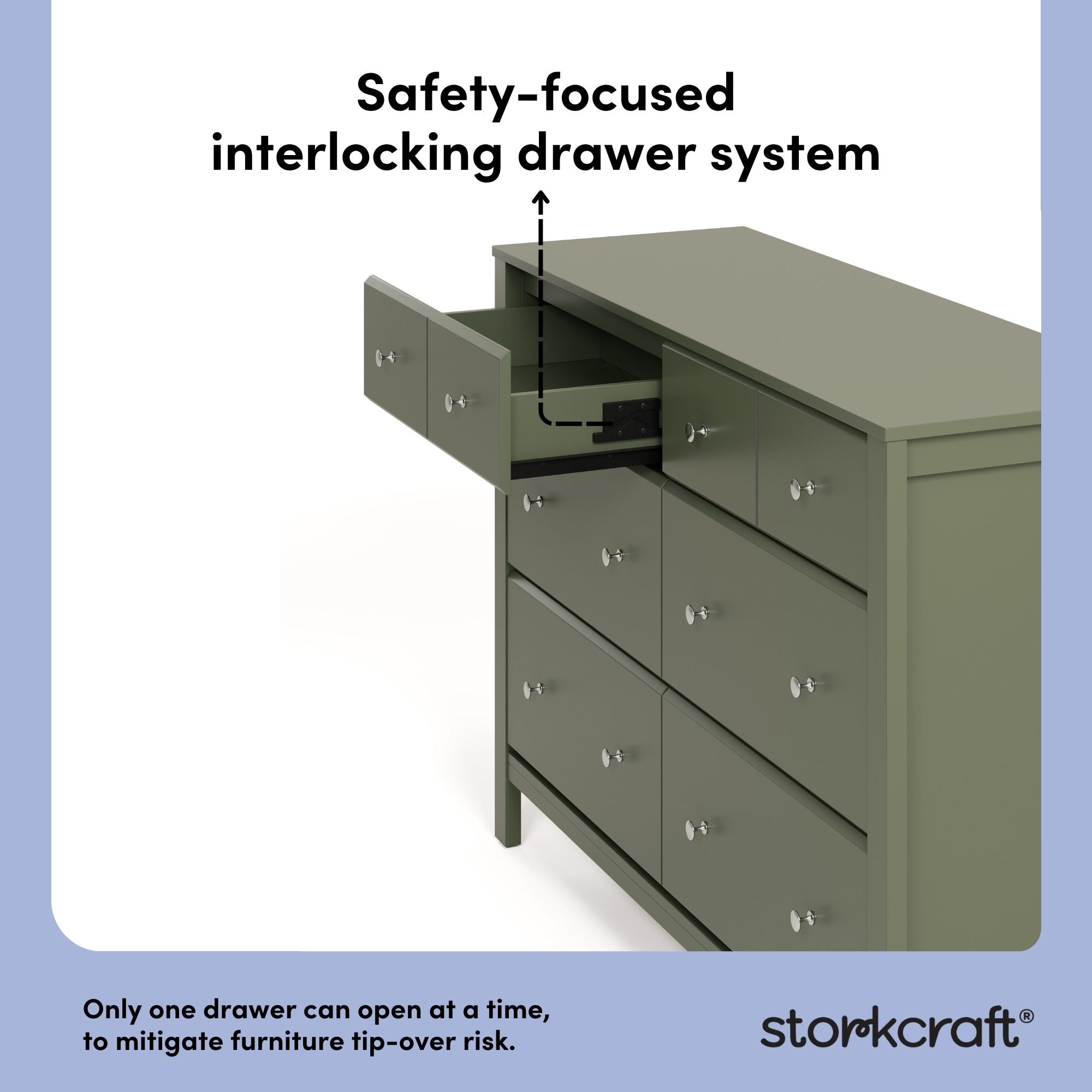 Horizon olive 6 drawer dresser interlocking drawer system callout