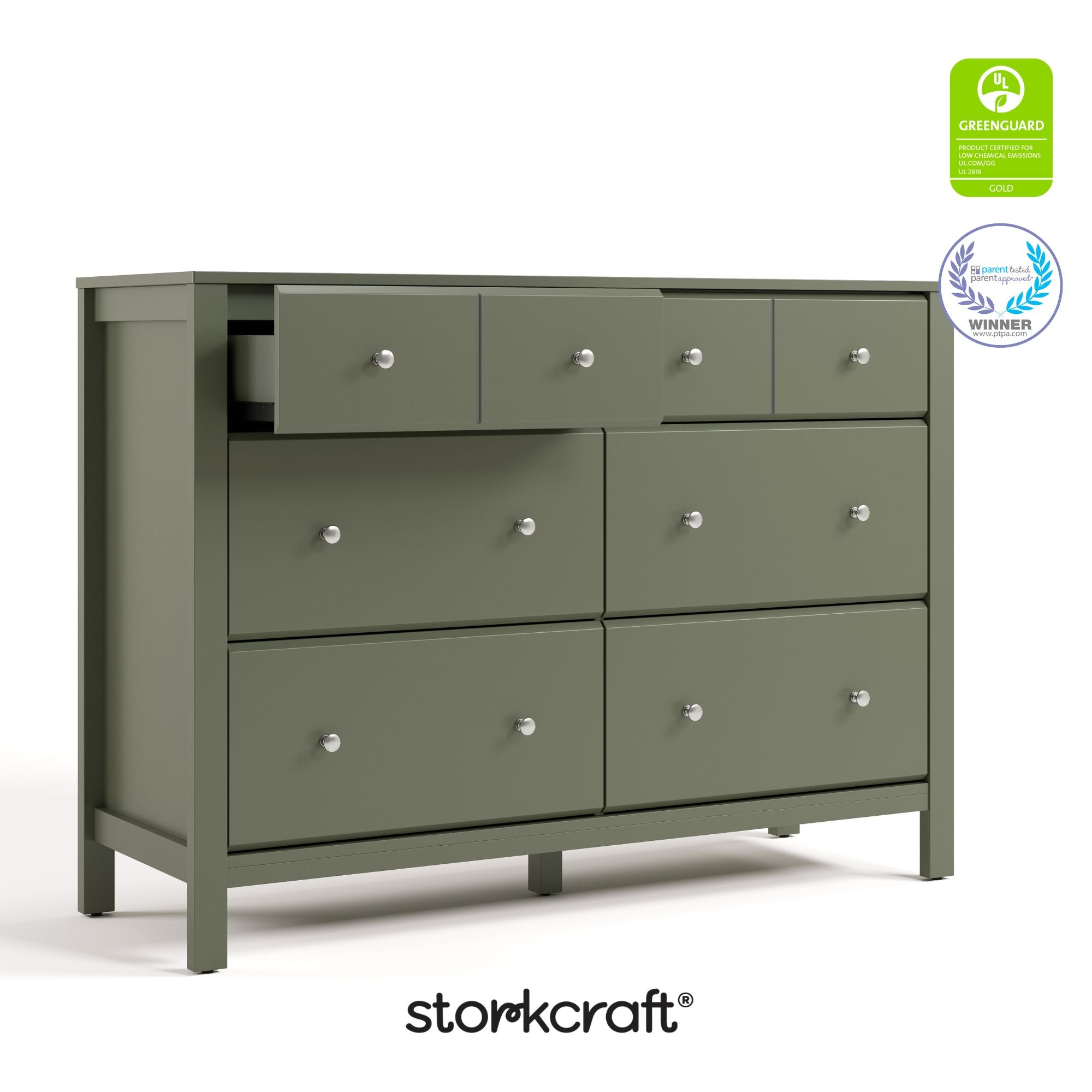 Horizon olive 6 drawer dresser with GGG and PTPA logos on top right