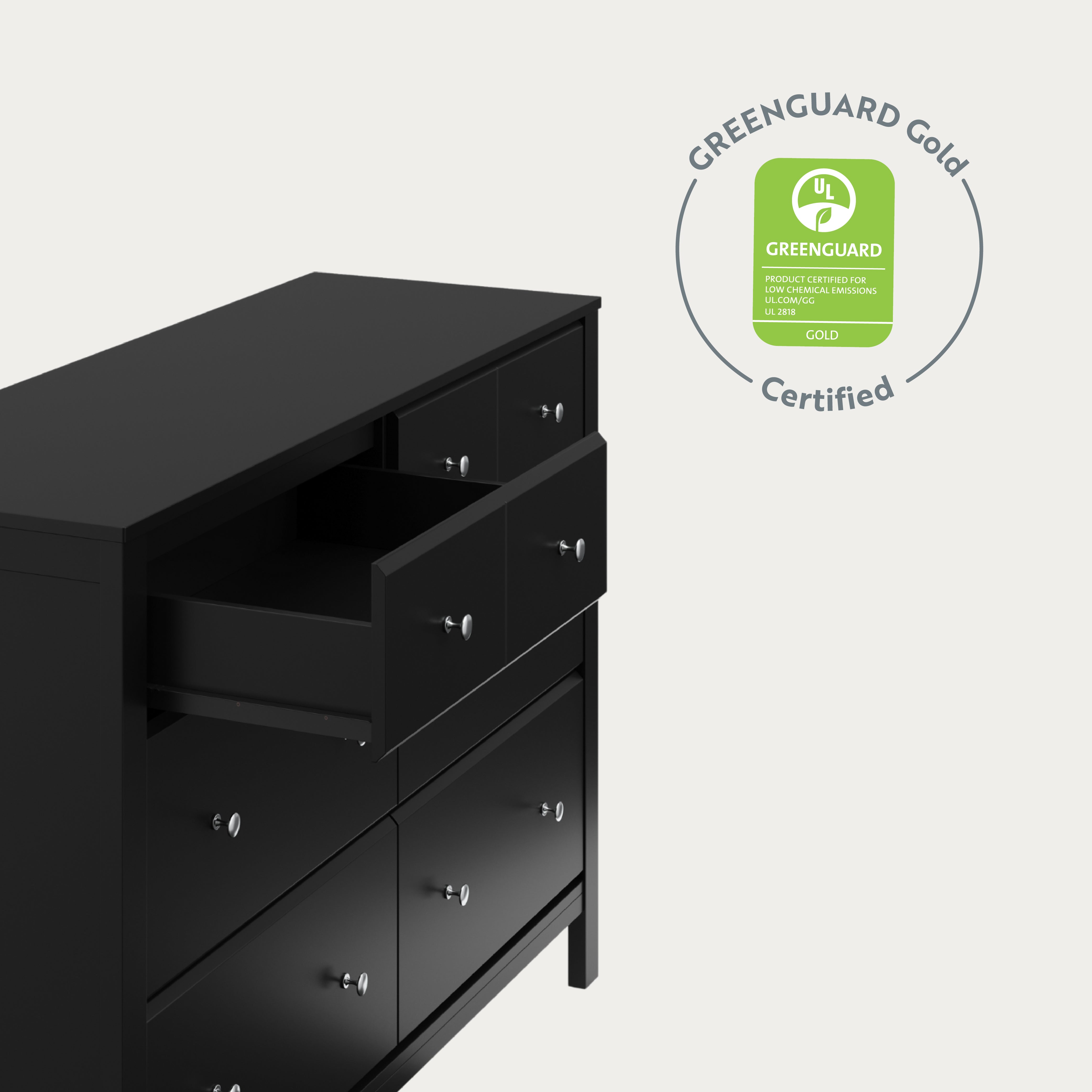 horizon 6 drawer black dresser GREENGUARD Gold Certified callout