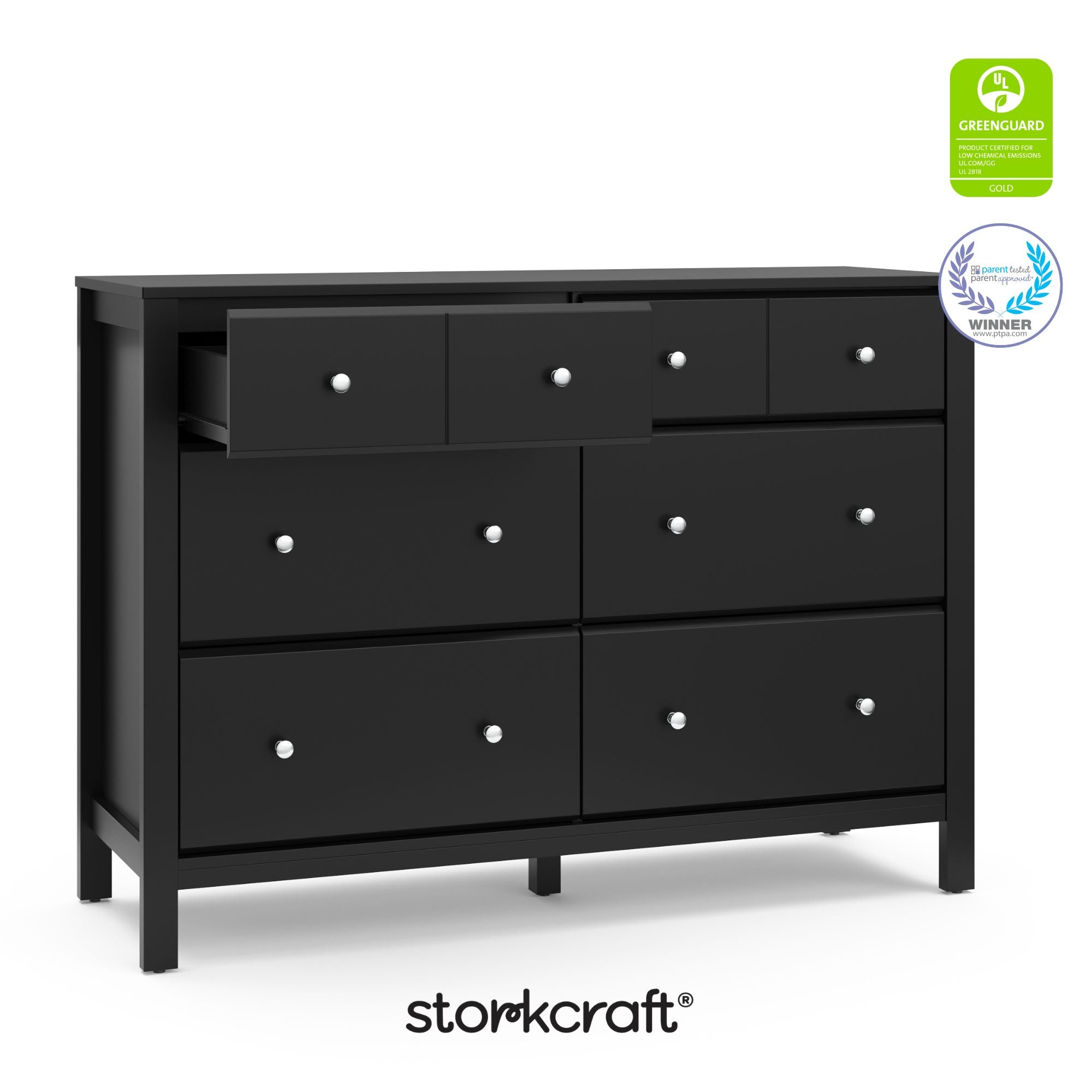 Horizon black 6 drawer dresser with GGG and PTPA logos on top right