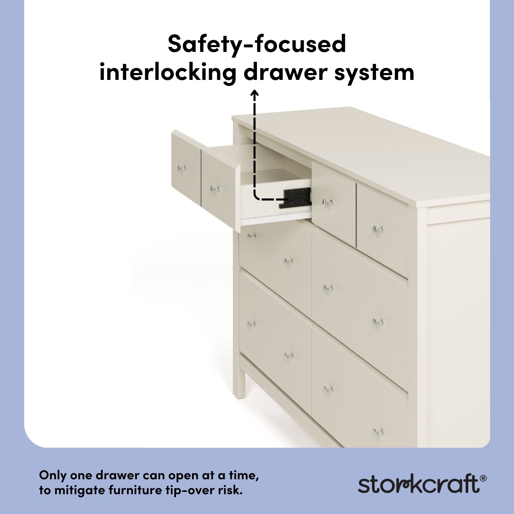 Horizon frosted oat 6 drawer dresser interlocking drawer system callout