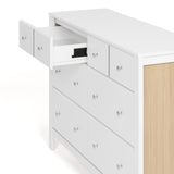 Horizon white with driftwood 6 drawer dresser with top left drawer open showing interlocking drawer mechanism