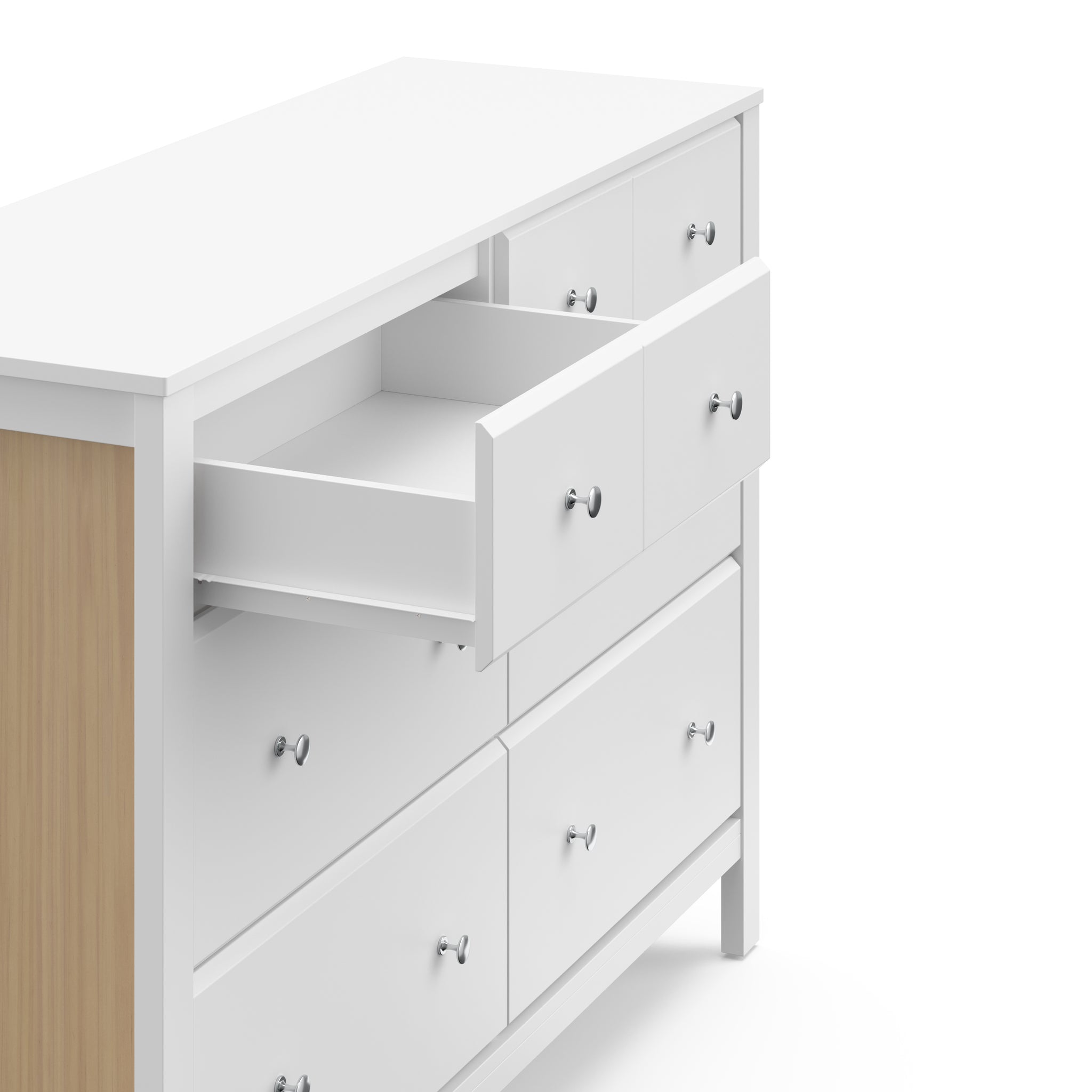 top view of white with driftwood 6 drawer dresser with one open drawer