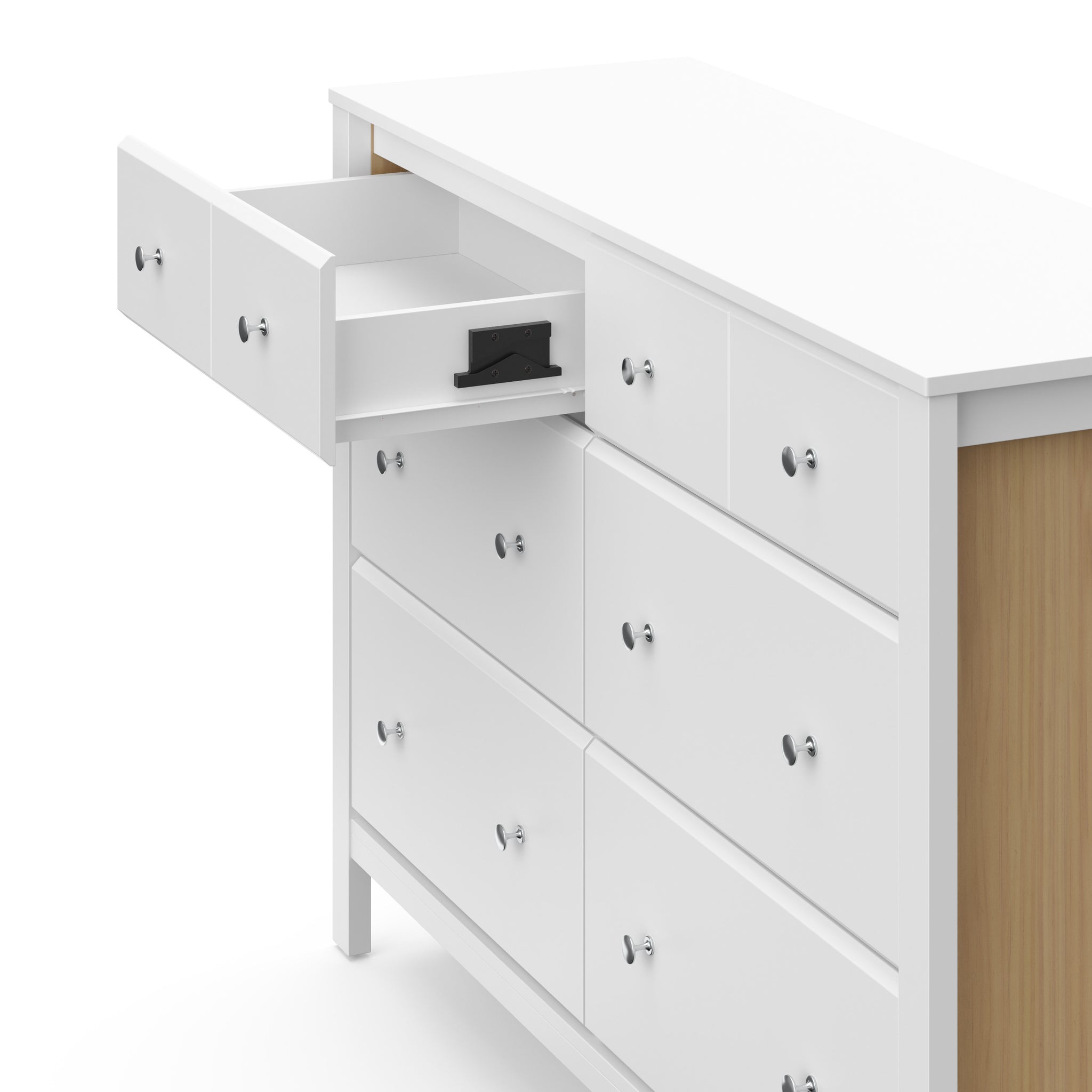top view of white with driftwood 6 drawer dresser with one open drawer showing the interlocking drawer system