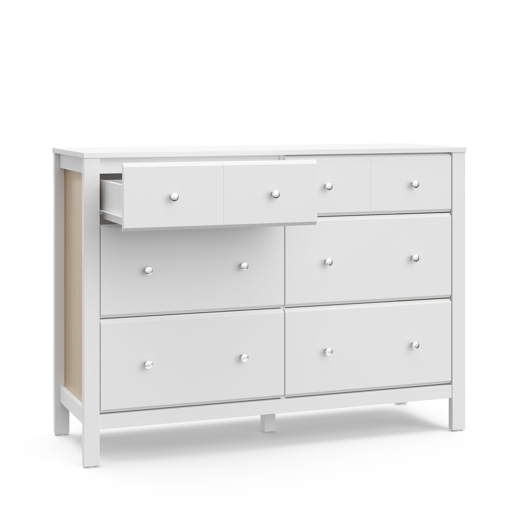 angled view of white with driftwood 6 drawer dresser with one open drawer