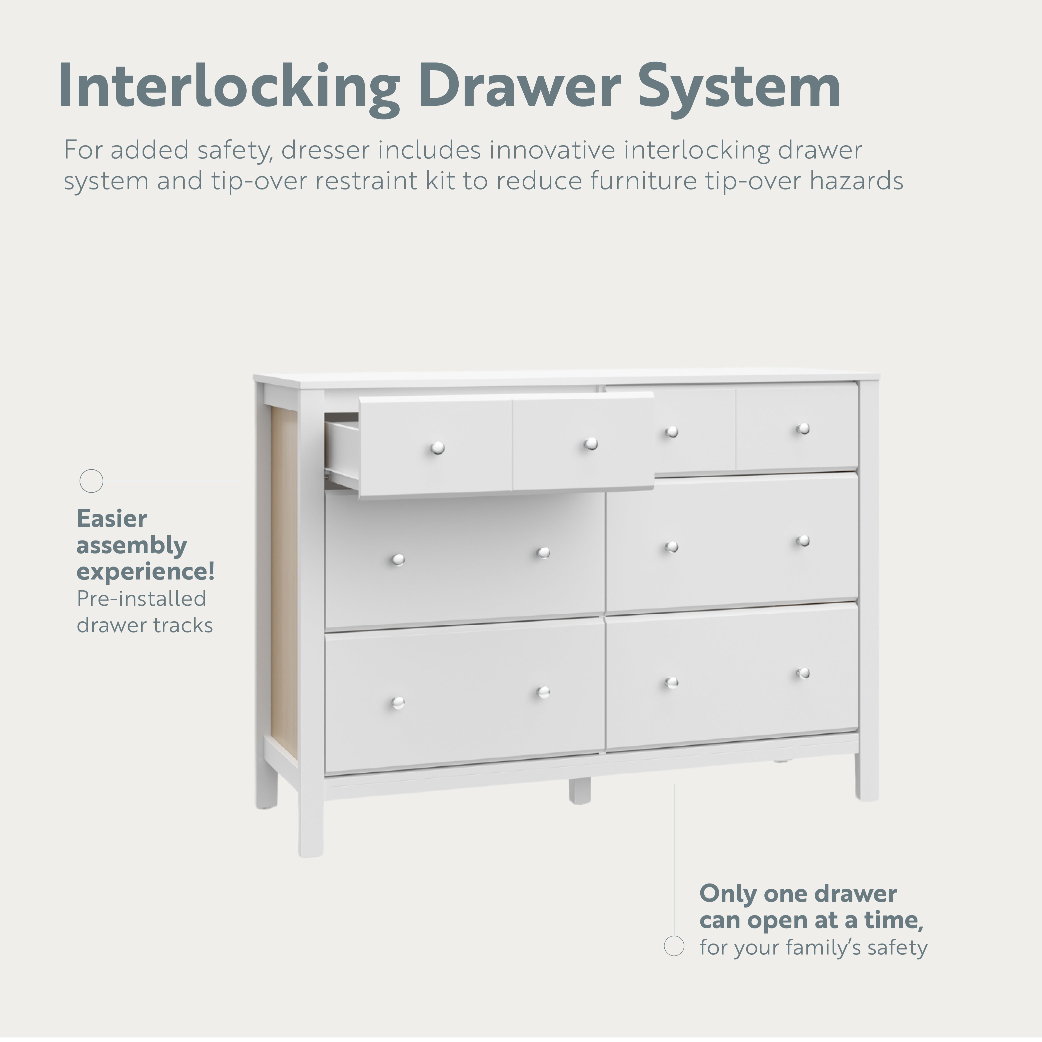 horizon 6 drawer white with driftwood dresser interlocking drawer callout