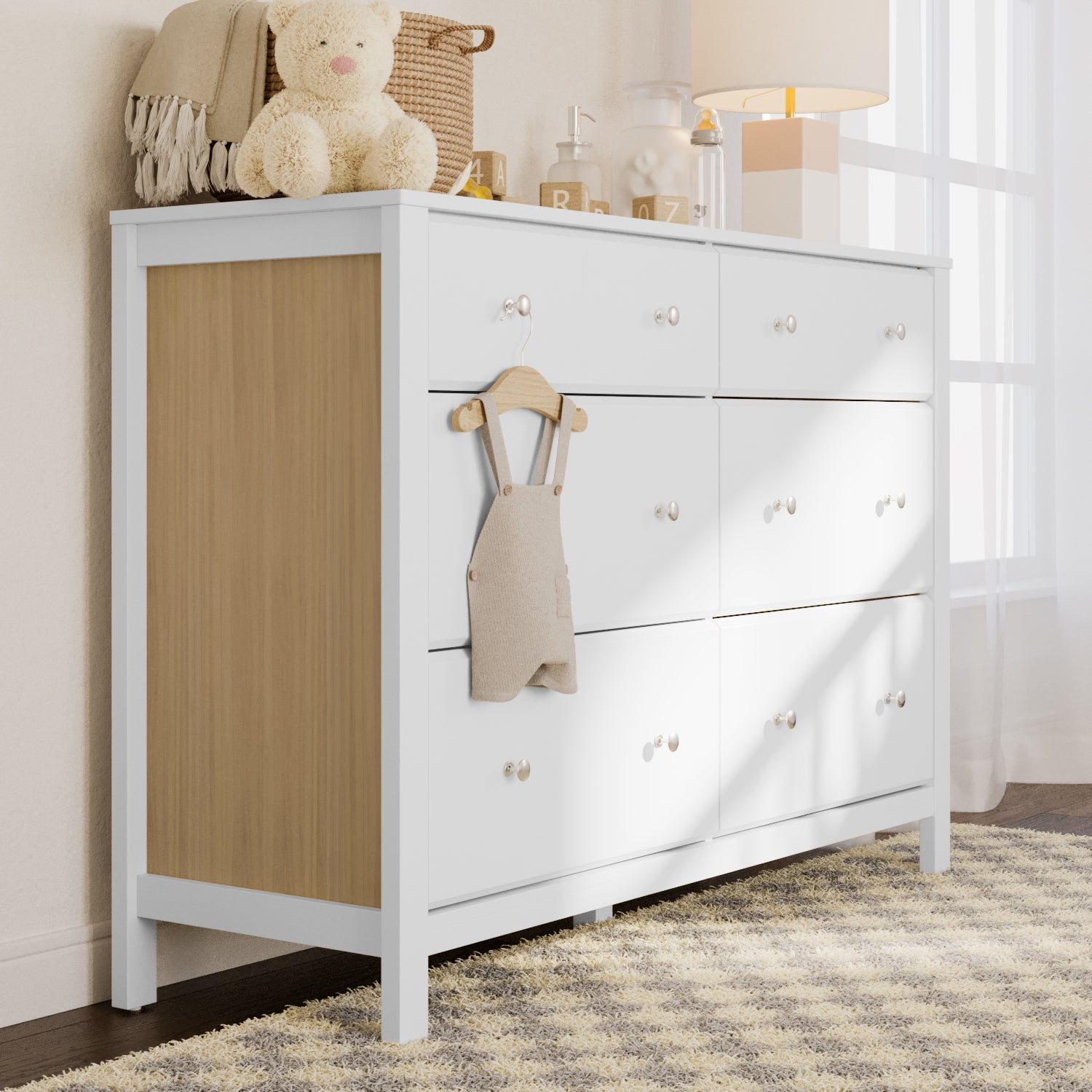 white with driftwood dresser in nursery