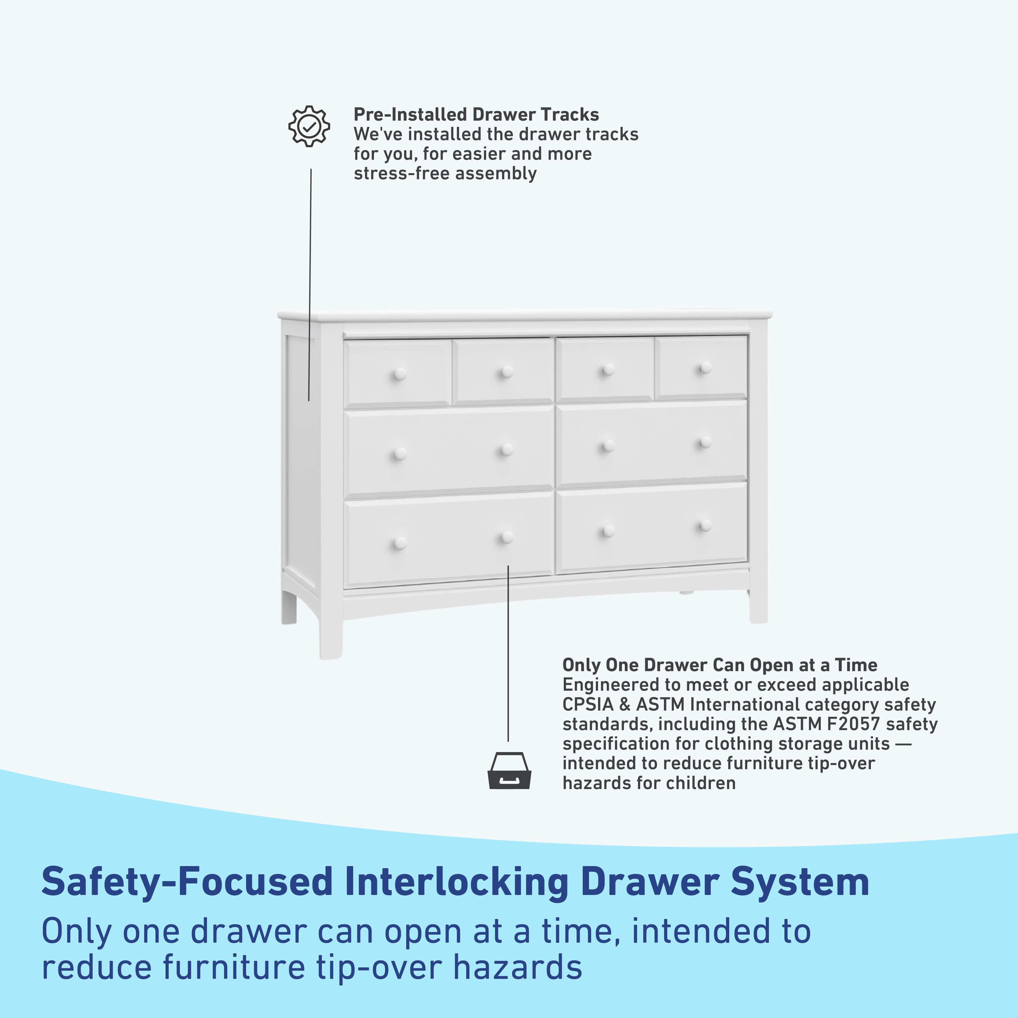 benton 6 drawer white dresser interlocking drawer callout