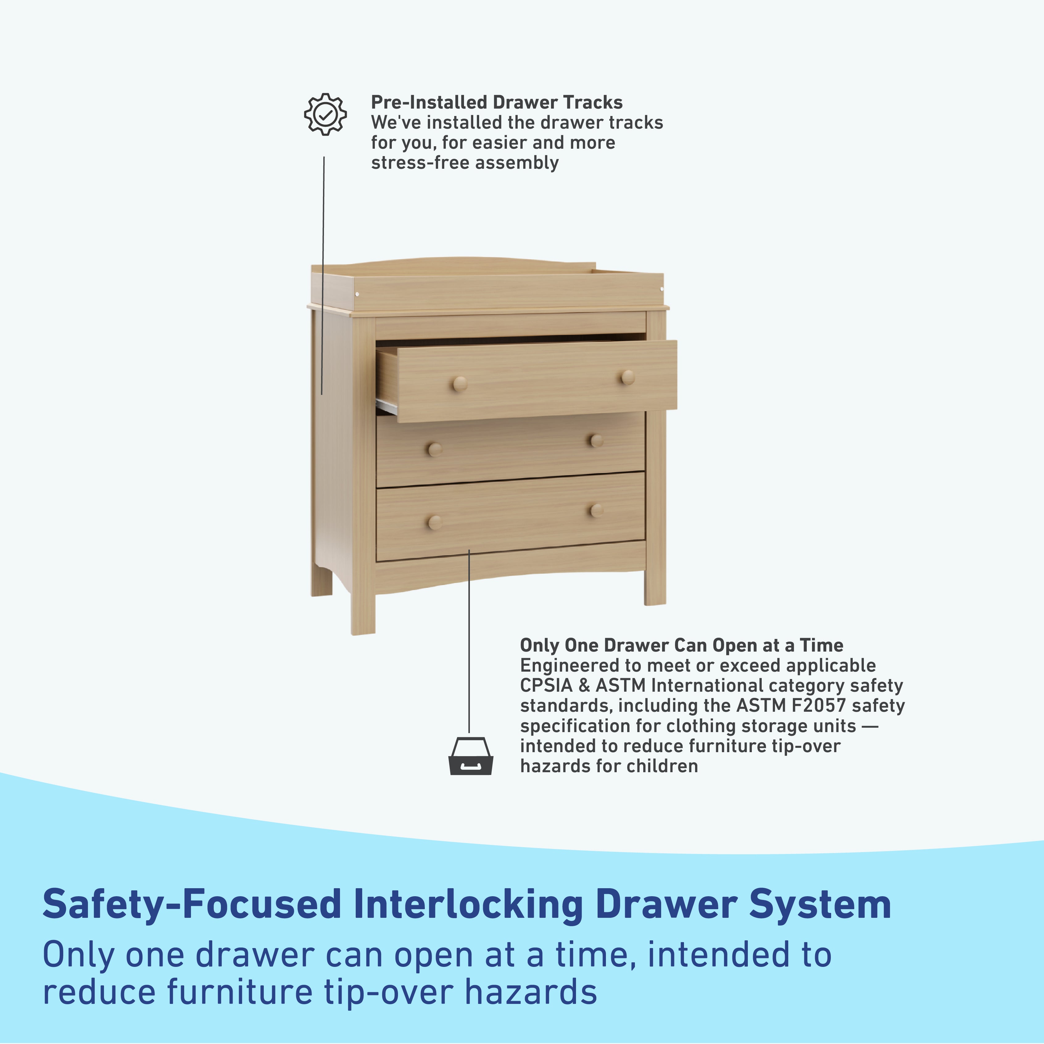 noah 3 drawer chest with topper in driftwood finish interlocking drawer callout