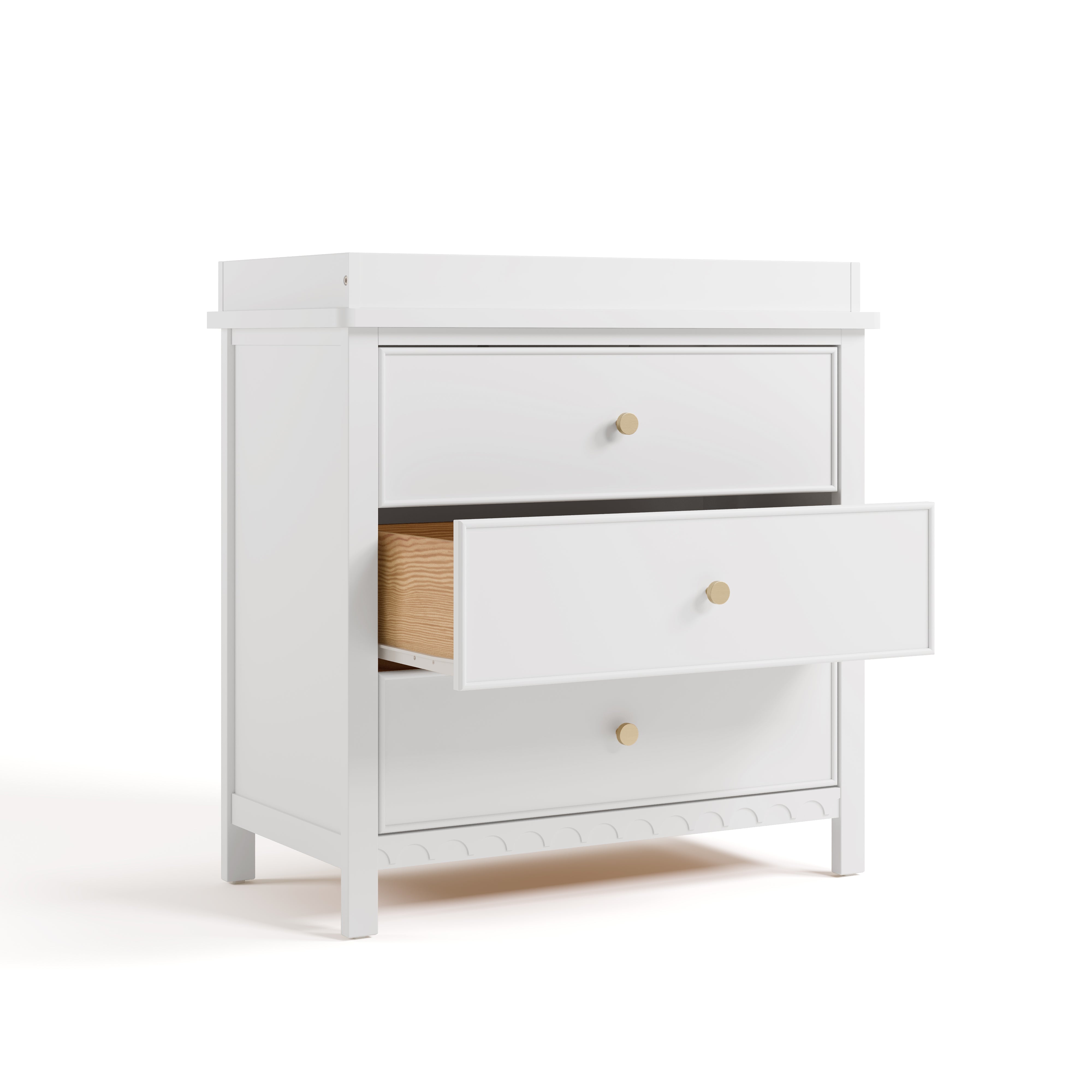 sasha 3 drawer chest with topper in white finish angle view with middle drawer open