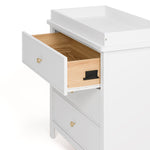 sasha 3 drawer chest with topper in white finish angle side view of top drawer open showing interlocking drawer mechanism