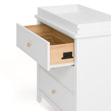 sasha 3 drawer chest with topper in white finish angle side view of top drawer open showing interlocking drawer mechanism