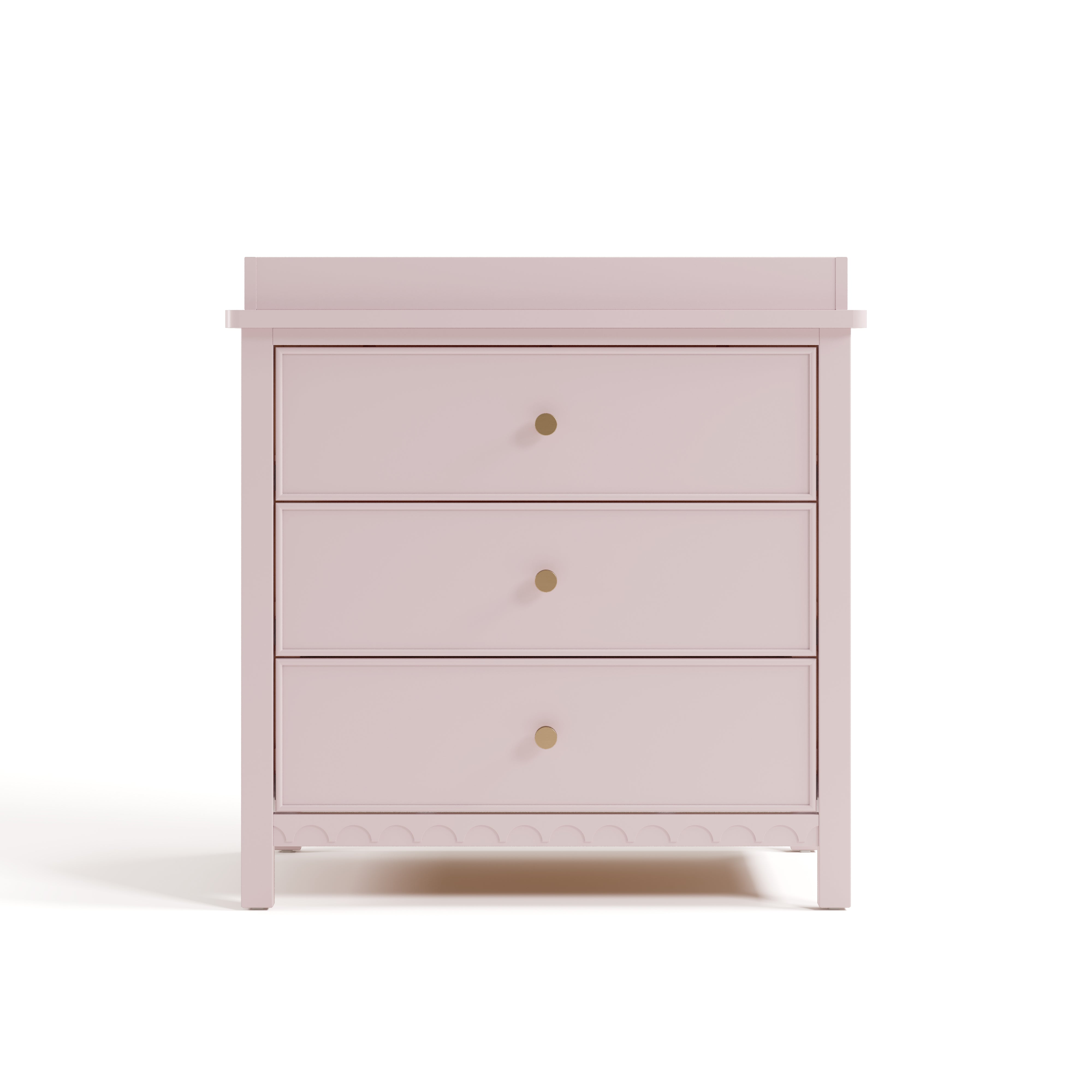 sasha 3 drawer chest with topper in blush finish front view