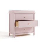 sasha 3 drawer chest with topper in blush finish angle view with middle drawer open