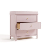 sasha 3 drawer chest with topper in blush finish angle view with middle drawer open