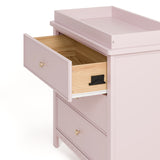 sasha 3 drawer chest with topper in blush finish angle side view of top drawer open showing interlocking drawer mechanism