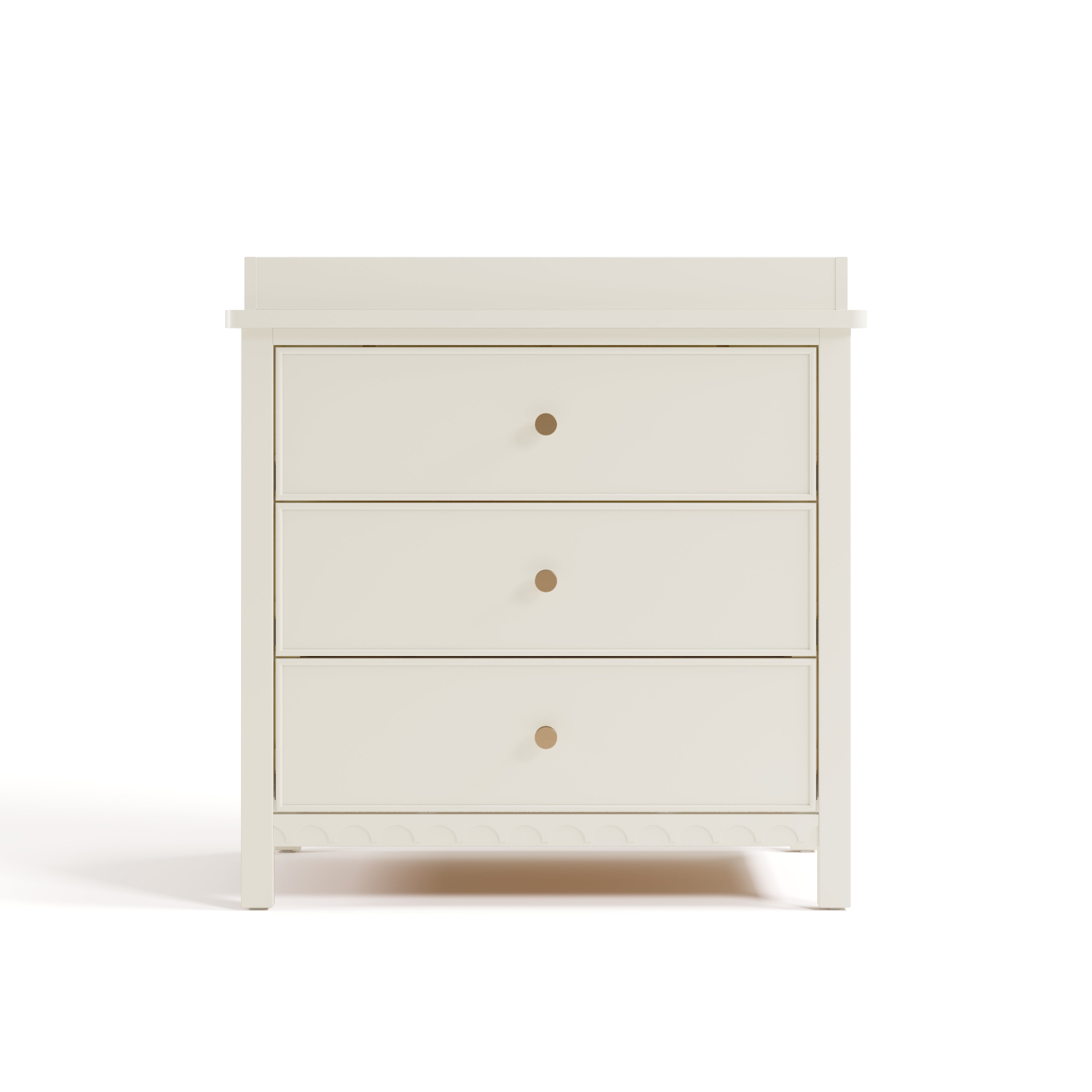 sasha 3 drawer chest with topper in frosted oat finish front view