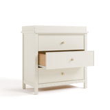 sasha 3 drawer chest with topper in frosted oat finish angle view with middle drawer open