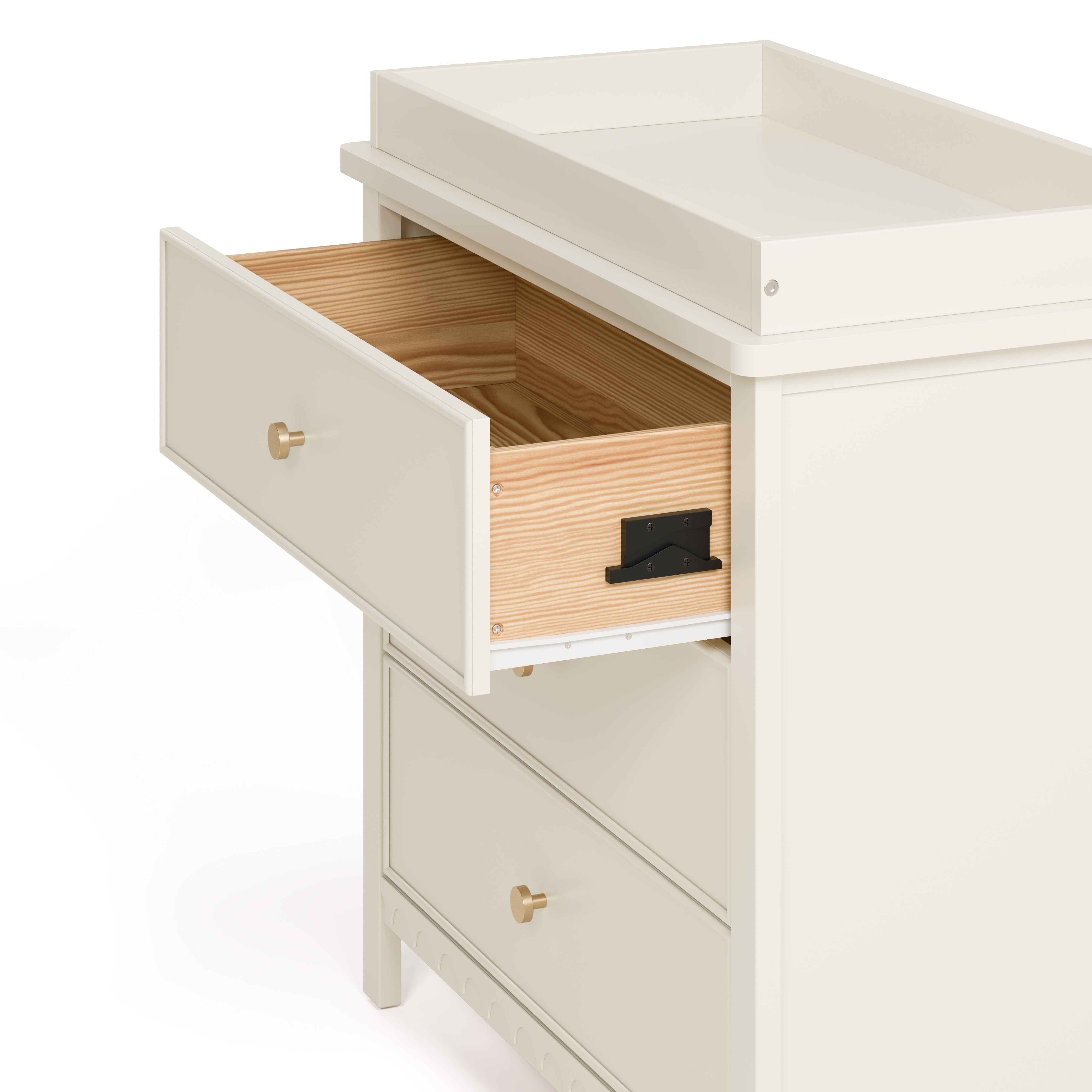 sasha 3 drawer chest with topper in frosted oat finish angle side view of top drawer open showing interlocking drawer mechanism