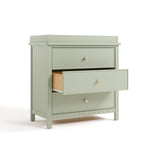 sasha 3 drawer chest with topper in sage finish angle view with middle drawer open