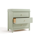 sasha 3 drawer chest with topper in sage finish angle view with middle drawer open