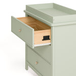 sasha 3 drawer chest with topper in sage finish angle side view of top drawer open showing interlocking drawer mechanism