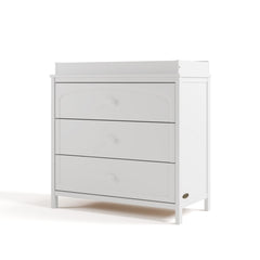 Olivia white 3 drawer chest with changing topper angle view
