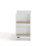 Side view of Read-with-Me 3 drawer chest with bookshelves and changing topper in white with driftwood