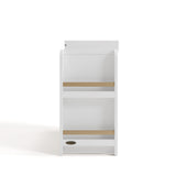 Side view of Read-with-Me 3 drawer chest with bookshelves and changing topper in white with driftwood