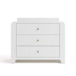 Front view of Read-with-Me 3 drawer chest with bookshelves and changing topper in white with driftwood