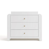 Front view of Read-with-Me 3 drawer chest with bookshelves and changing topper in white with driftwood