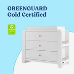 Read-with-Me 3 drawer chest with bookshelves and changing topper in white with driftwood GREENGUARD Gold Certified callout