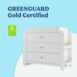Read-with-Me 3 drawer chest with bookshelves and changing topper in white with driftwood GREENGUARD Gold Certified callout