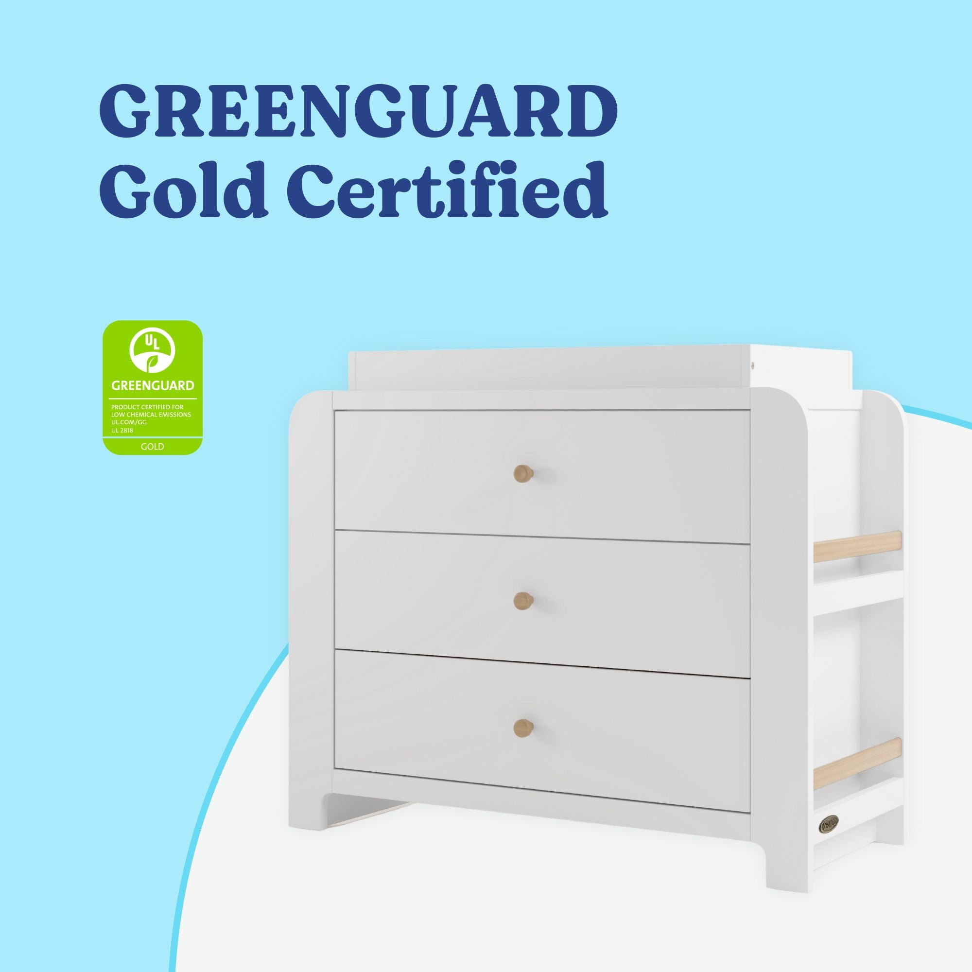 Read-with-Me 3 drawer chest with bookshelves and changing topper in white with driftwood GREENGUARD Gold Certified callout