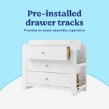 Read-with-Me 3 drawer chest with bookshelves and changing topper in white with driftwood pre-installed drawer tracks callout