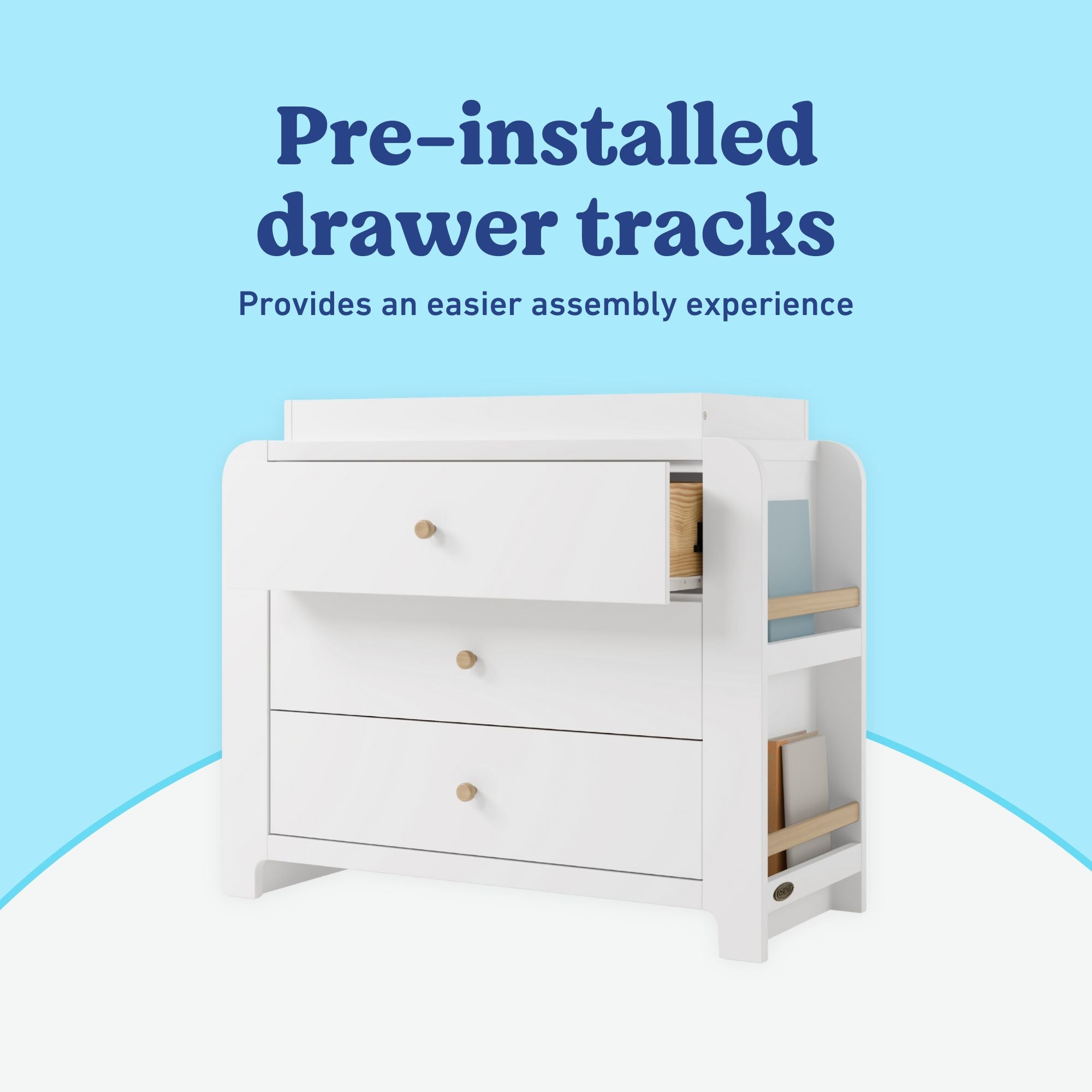 Read-with-Me 3 drawer chest with bookshelves and changing topper in white with driftwood pre-installed drawer tracks callout