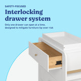 Read-with-Me 3 drawer chest with bookshelves and changing topper in white with driftwood interlocking drawer callout