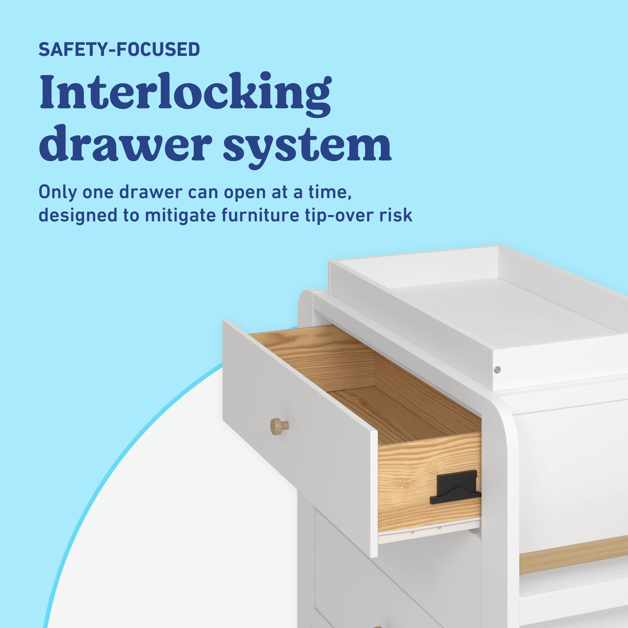 Read-with-Me 3 drawer chest with bookshelves and changing topper in white with driftwood interlocking drawer callout