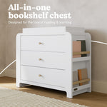 Read-with-Me 3 drawer chest with bookshelves and changing topper in white with driftwood bookshelf callout