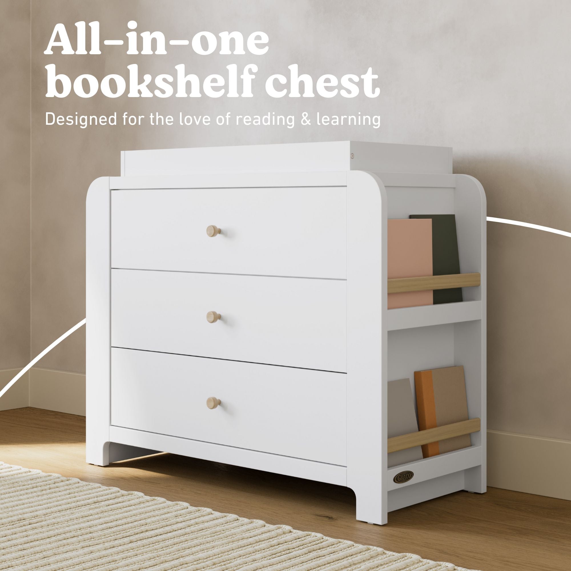 Read-with-Me 3 drawer chest with bookshelves and changing topper in white with driftwood bookshelf callout