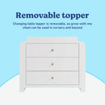 Read-with-Me 3 drawer chest with bookshelves and changing topper in white with driftwood removable topper callout