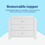 Read-with-Me 3 drawer chest with bookshelves and changing topper in white with driftwood removable topper callout