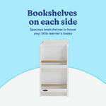 Read-with-Me 3 drawer chest with bookshelves and changing topper in white with driftwood bookshelves callout