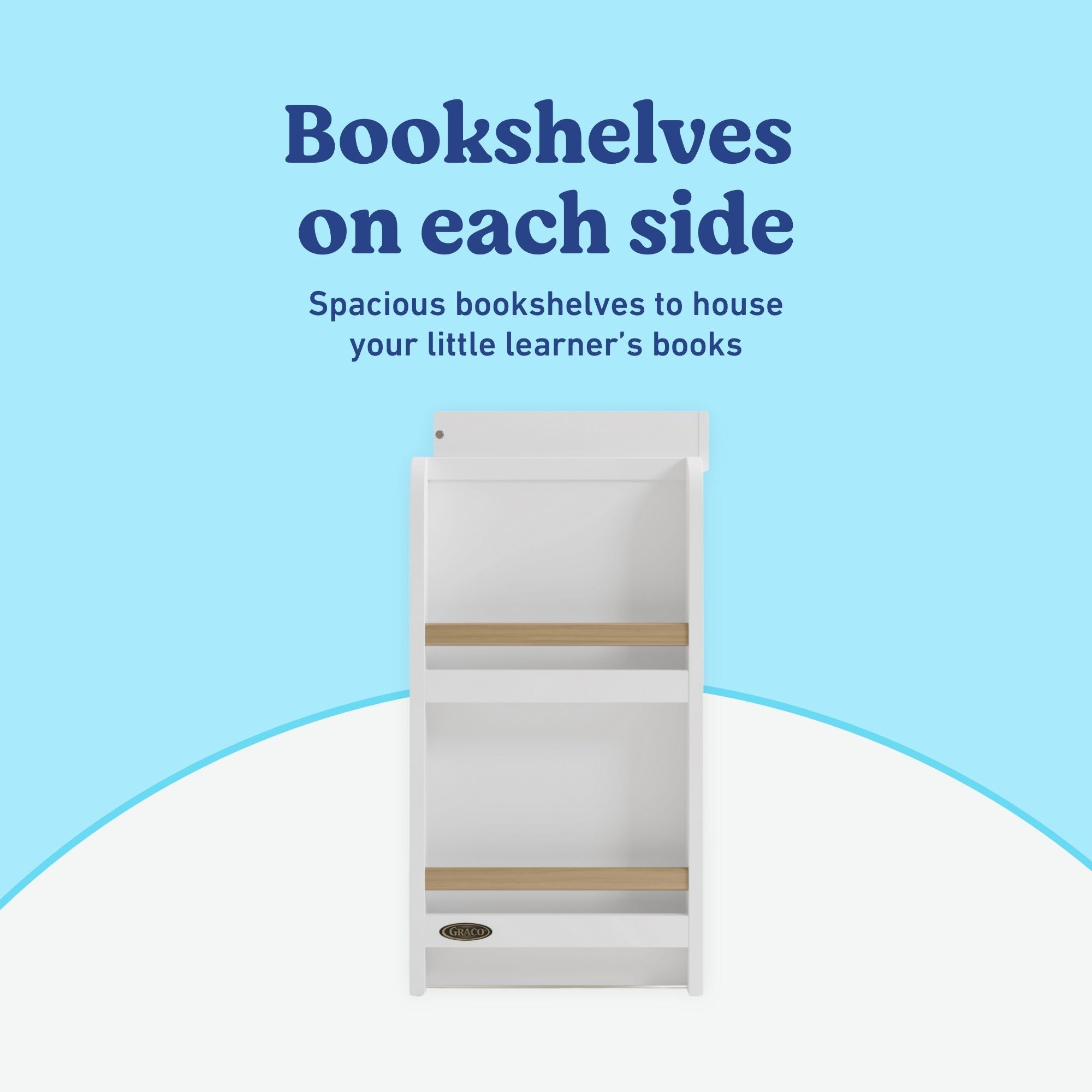 Read-with-Me 3 drawer chest with bookshelves and changing topper in white with driftwood bookshelves callout