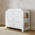 Read-with-Me 3 drawer chest with bookshelves and changing topper in white with driftwood in nursery