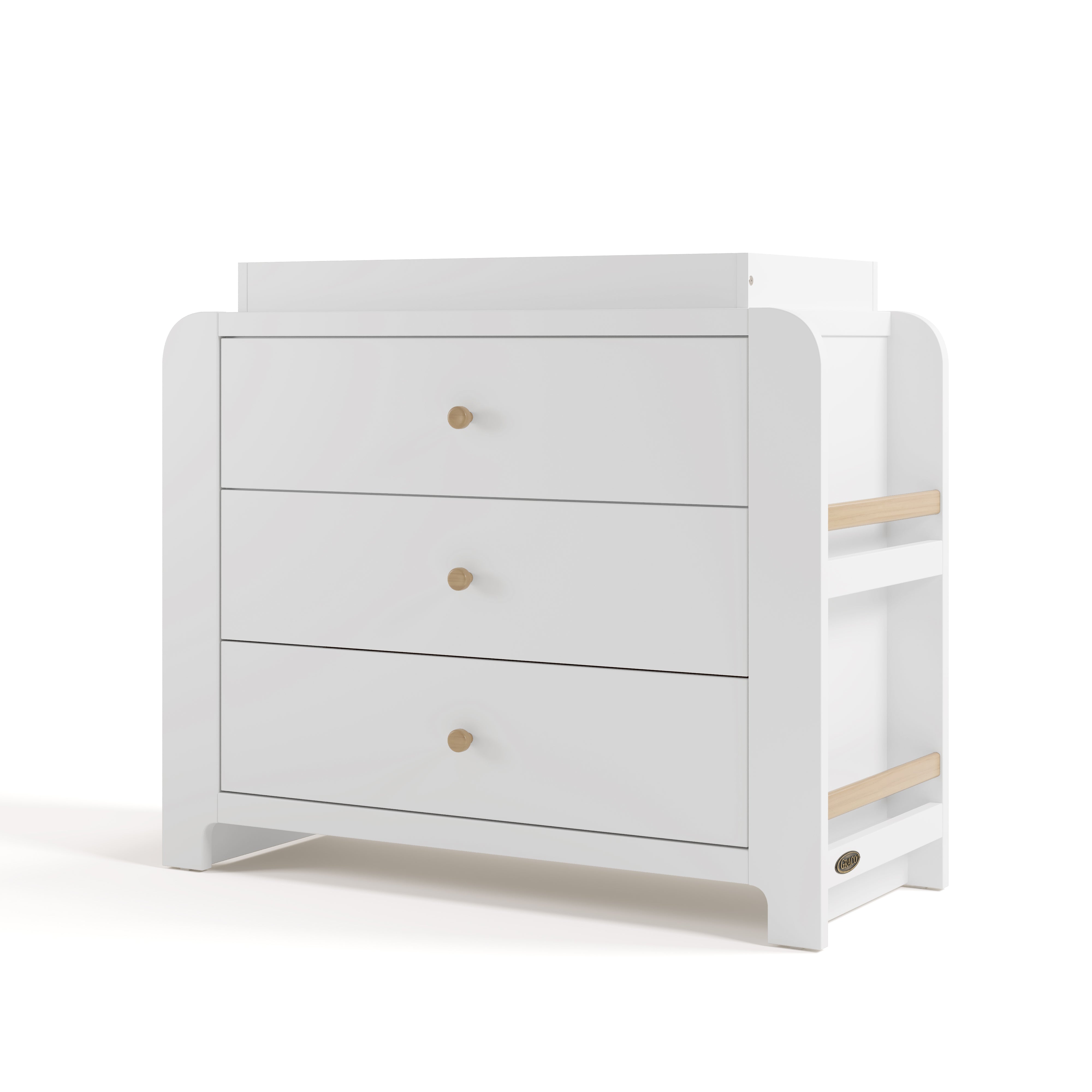 Angle view of Read-with-Me 3 drawer chest with bookshelves and changing topper in white with driftwood