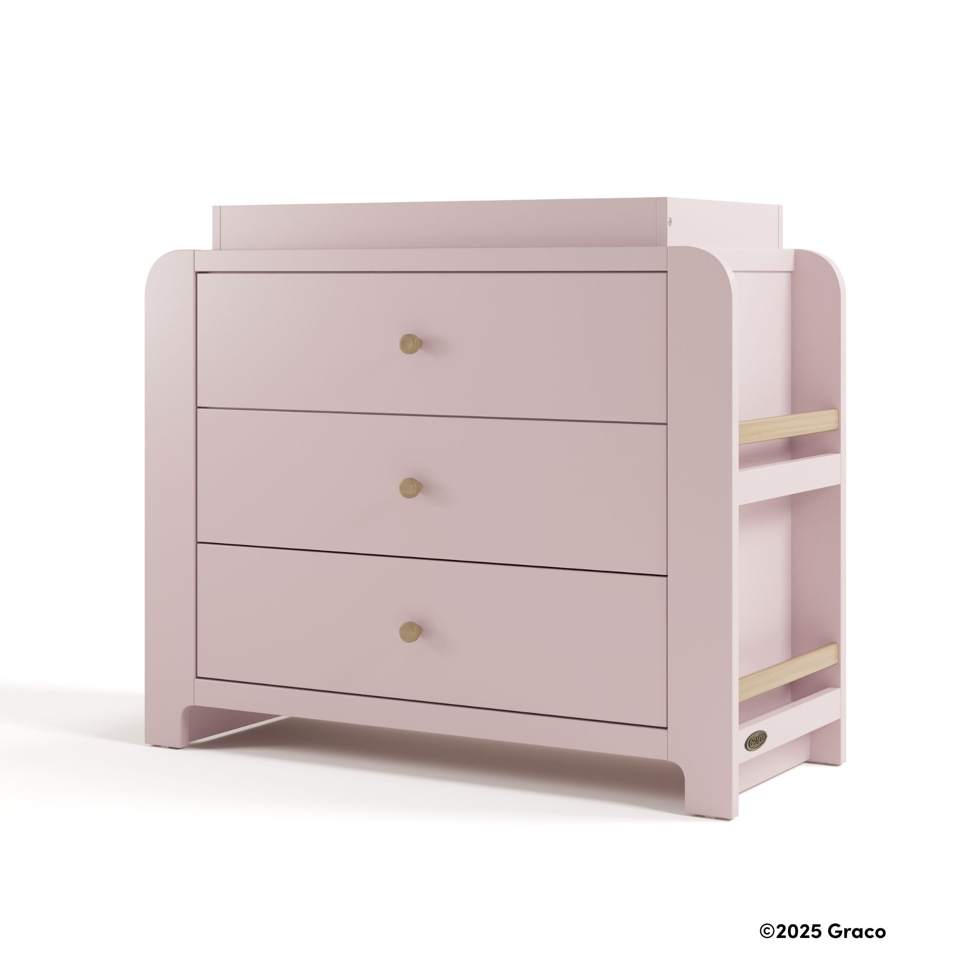 Read-with-me blush with driftwood 3 drawer chest with changing topper with 2025 Graco copyright on bottom right