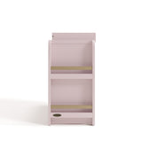 Side view of Read-with-Me 3 drawer chest with bookshelves and changing topper in blush with driftwood